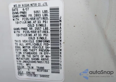 2007 Nissan Murano Sl из США, поврежденный, VIN JN8AZ08W57W651753